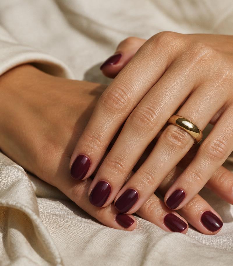 Detalhe de unhas em tom berry