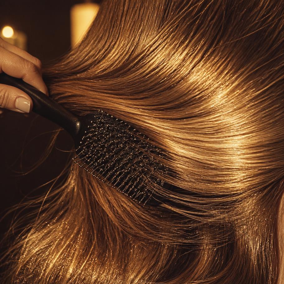 Detalhe de cabelo escovado em luz dourada