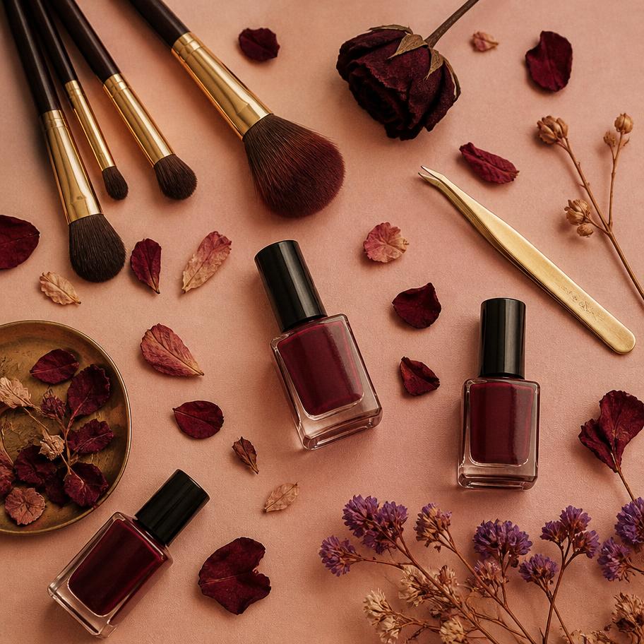 Composição de produtos e pincéis de beleza